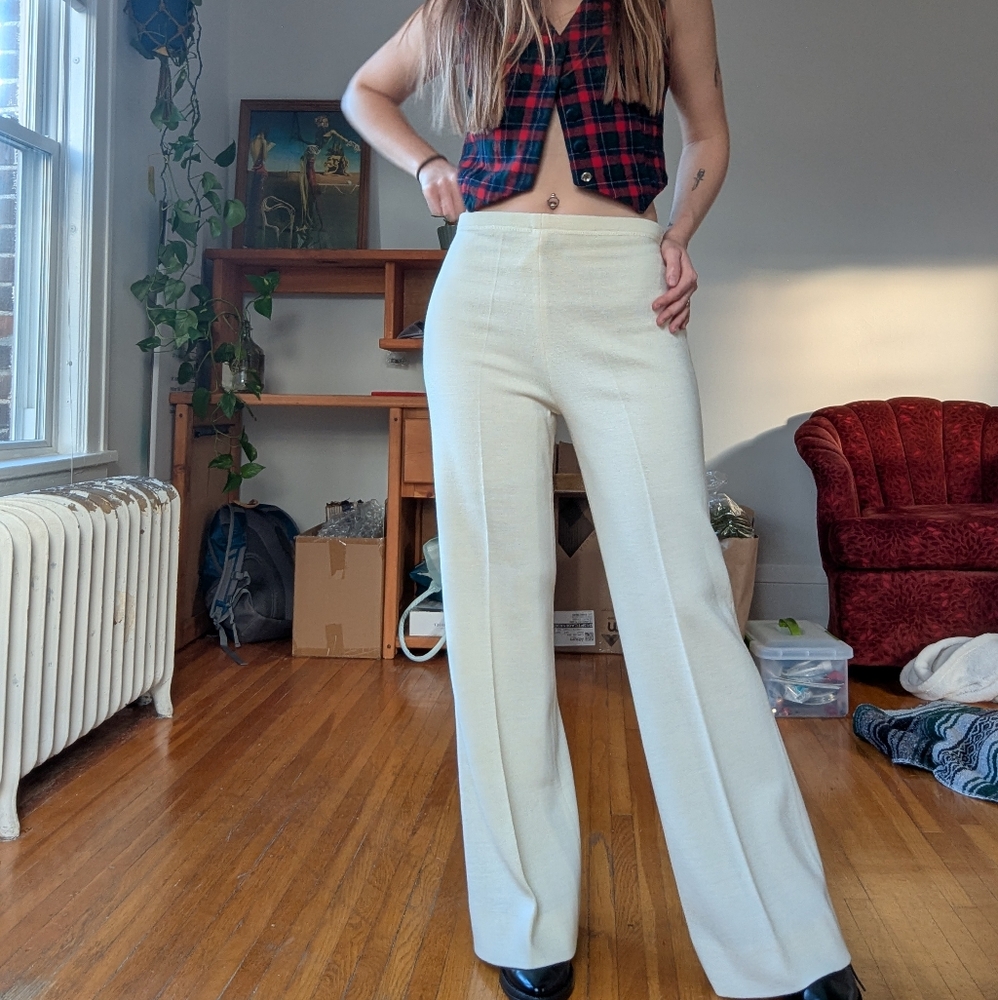Vintage 70s Ivory Knit Wool Blend Wide Leg Dress Pants Size S